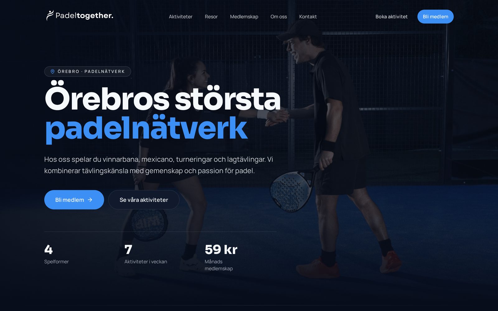 Skärmbild av webbplatsen padeltogether.se